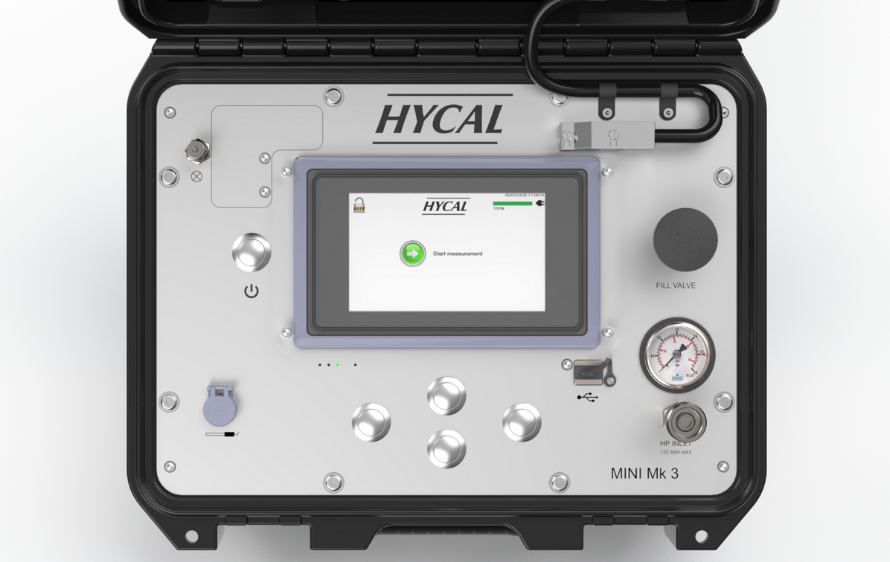 Hycal Mini Mk3 top view showing gas inlet, needle valve, pressure gauge, and purge port