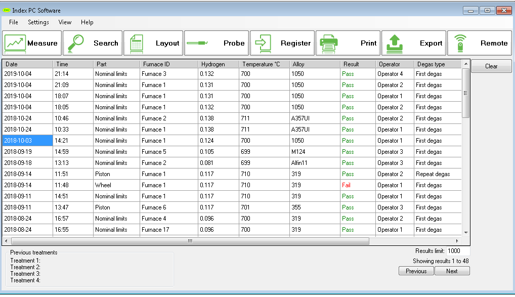 Index PC 软件显示包含测试结果的数据表